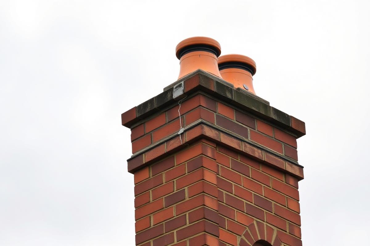 After chimney repair: the same stack repointed in matched mortar with new flaunching, sound pots and neatly dressed lead flashing.