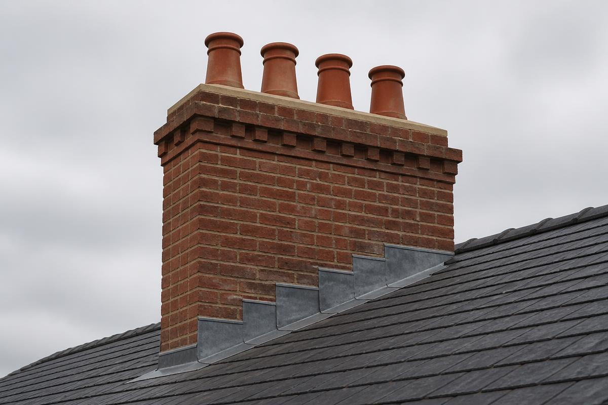 After chimney repair: the same stack repointed in matched mortar with new flaunching, sound terracotta pots and neatly dressed lead flashings.