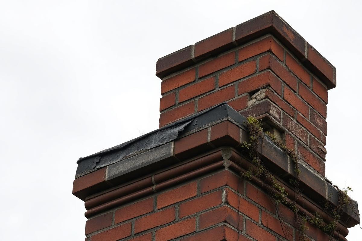 Before chimney repair: a British brick chimney stack with eroded mortar joints, cracked flaunching, vegetation growth and lifted lead flashing.