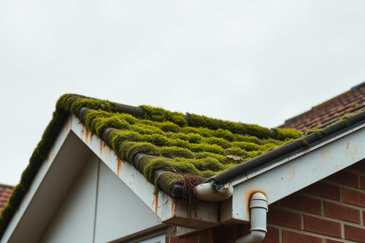 Before roof cleaning: a UK tiled roof heavily covered in moss with blocked, debris-filled guttering and stained fascia boards.