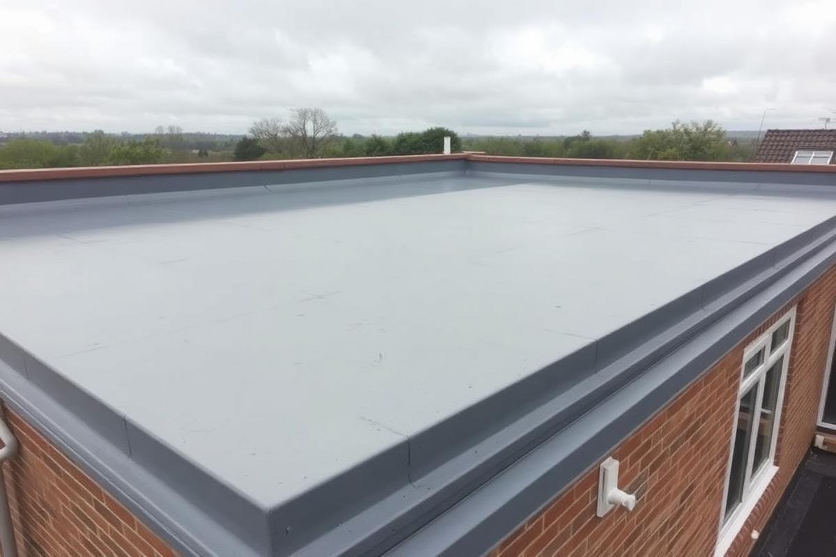 After flat roof replacement: the same roof finished in seamless grey GRP fibreglass with crisp upstands, drip trim and correct falls.