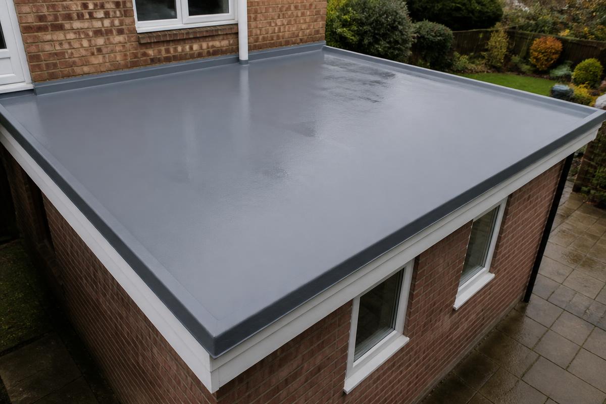 After flat roof replacement: the same roof finished in seamless grey GRP fibreglass with crisp upstands, drip trim and correct falls.