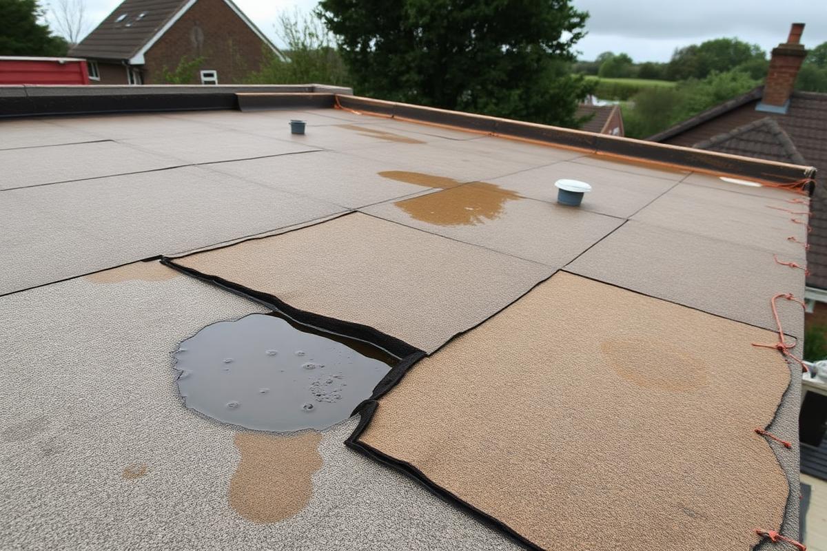 Before flat roof replacement: a UK felt flat roof with blistering, split seams, ponding water and staining.