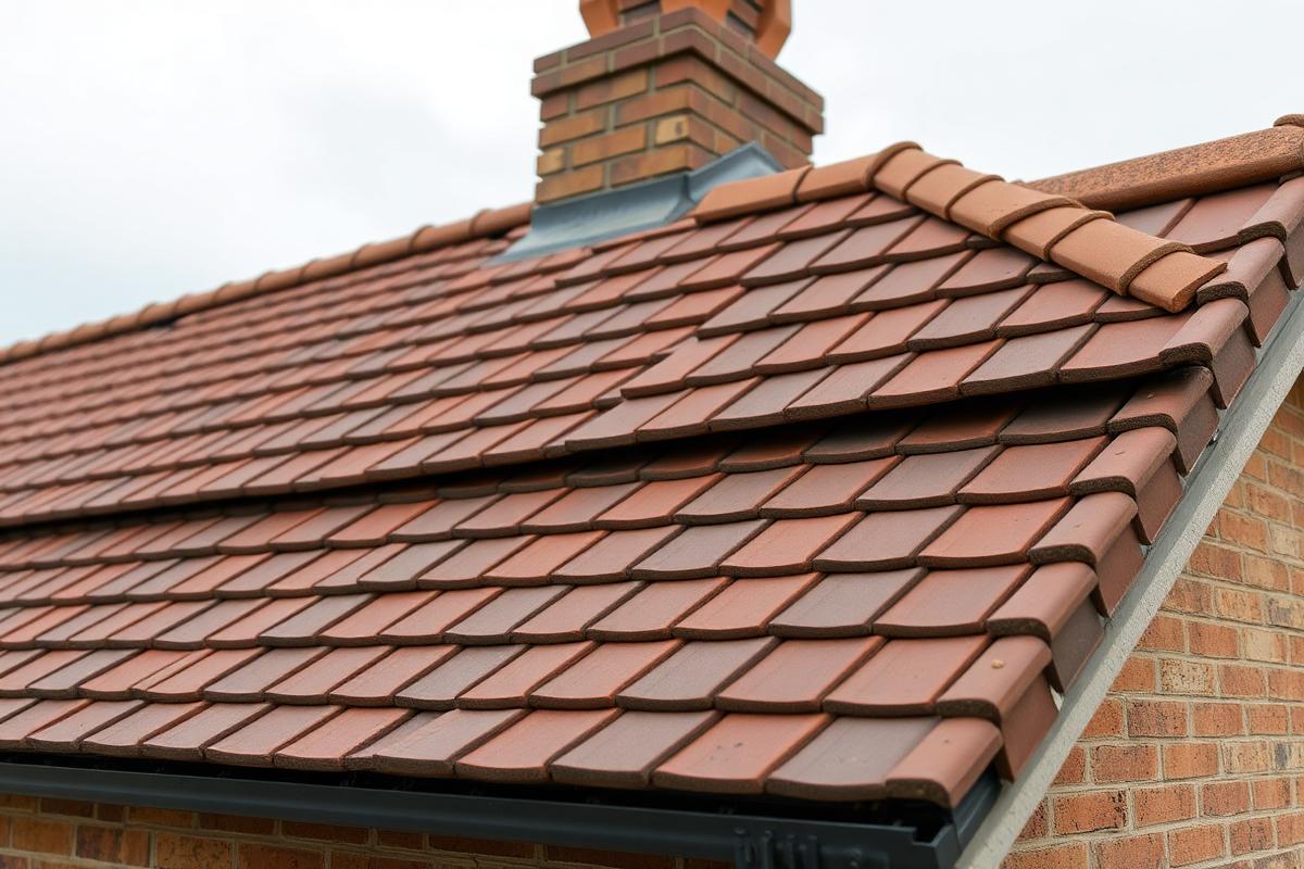 After roof repair: the same clay tiled roof with replacement tiles bedded into even courses, sound underfelt and a straight ridge line.