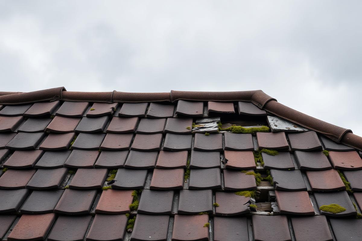 Before roof repair: a UK clay tiled pitched roof with slipped and cracked tiles, exposed underfelt and moss growth in the tile gaps.