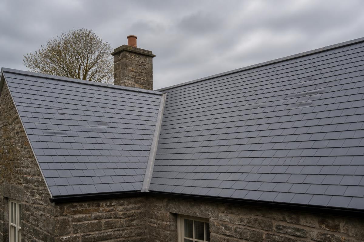 After re-roofing: the same stone property with a new natural slate roof laid in even courses with fresh lead valley and ridge.