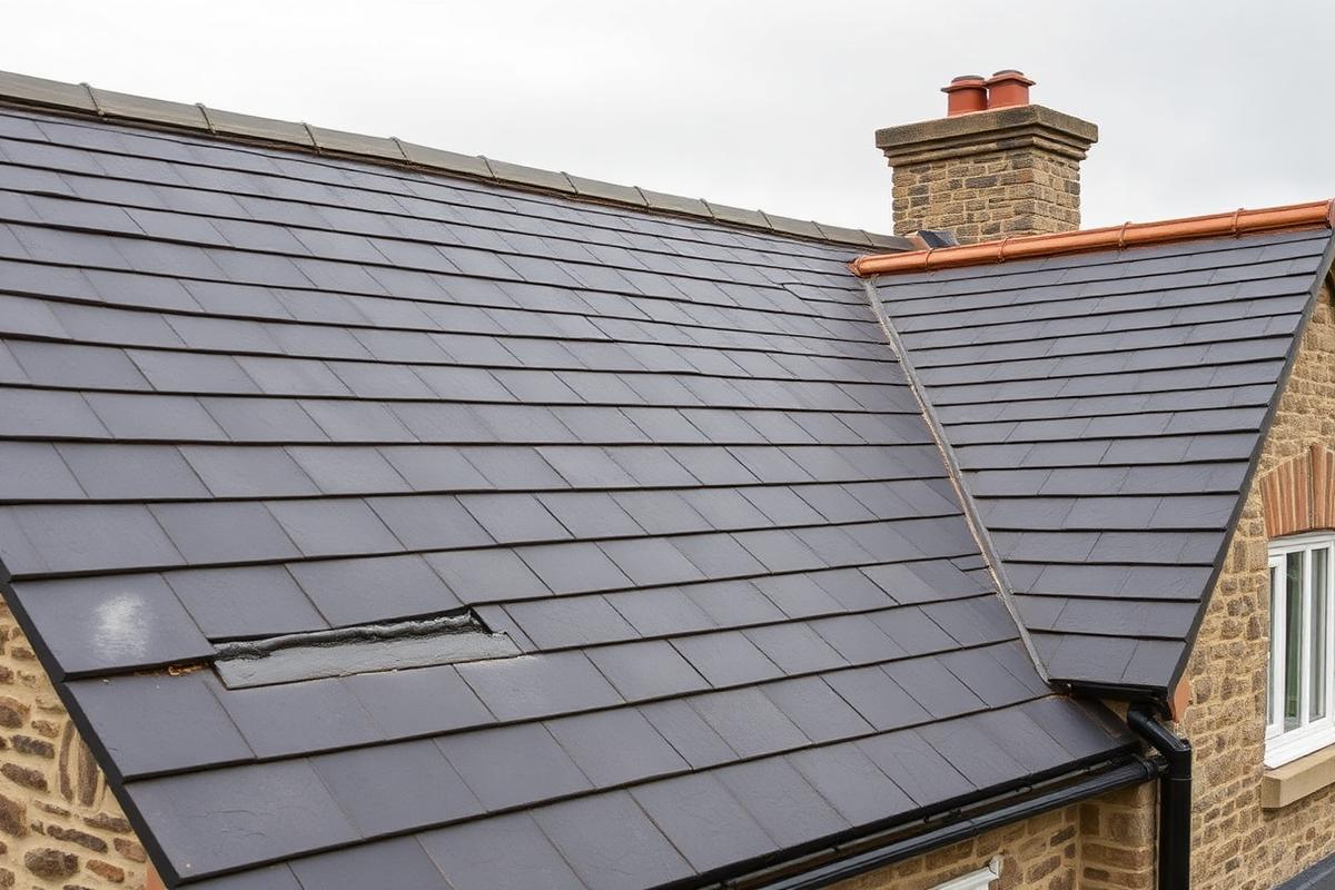 After re-roofing: the same property with a new natural slate roof laid in diminishing courses with fresh lead valley and ridge.