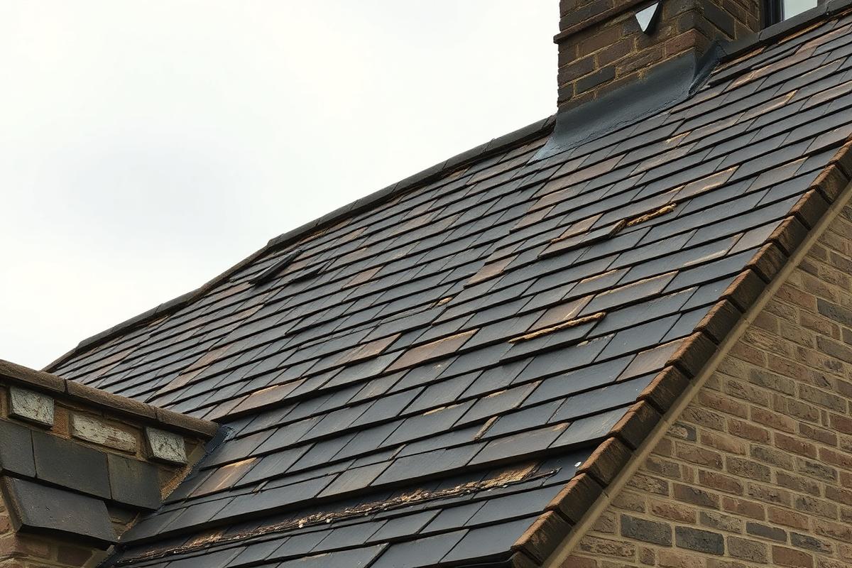 Before re-roofing: a British stone property with a worn slate roof showing missing, delaminating and patch-repaired slates.