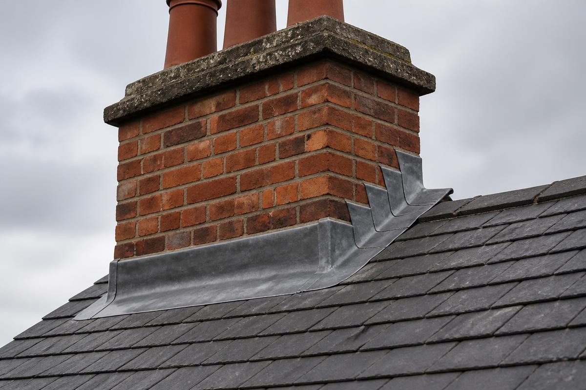 Red brick chimney stack with hand-dressed lead stepped flashings, soakers and an apron where it meets a grey natural slate roof.