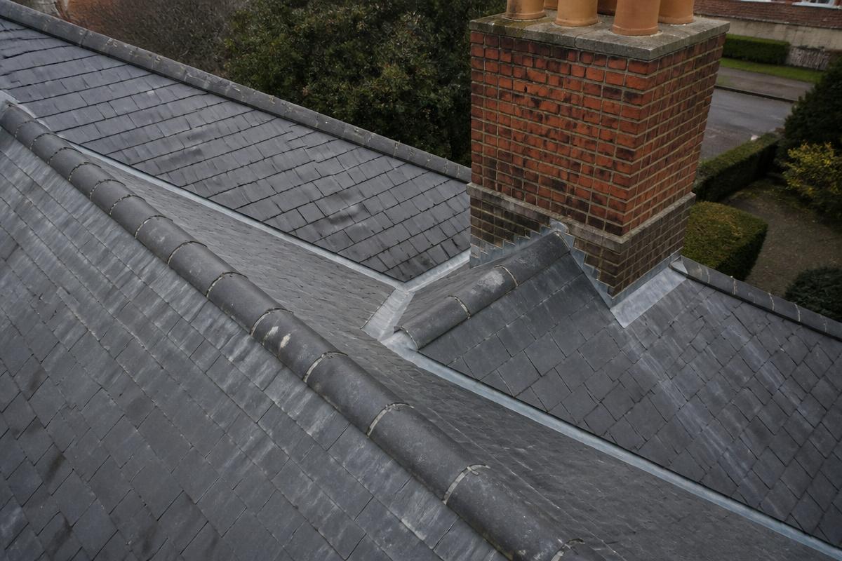Drone view over a British slate roof showing the lead-lined valley, ridge line and stepped flashings around a red brick chimney stack.
