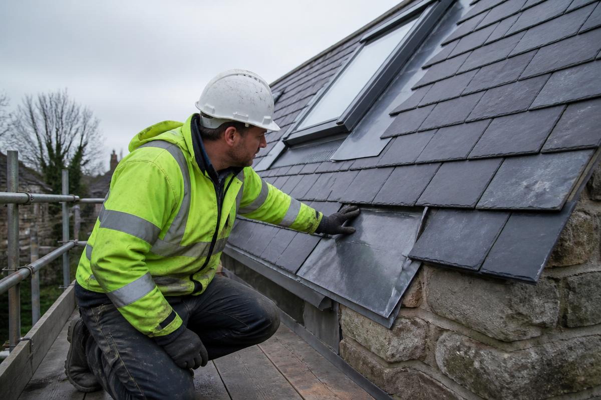 Roofer in high-visibility jacket and hard hat inspecting slate courses and lead flashing beside a rooflight from scaffolding on a UK house roof.