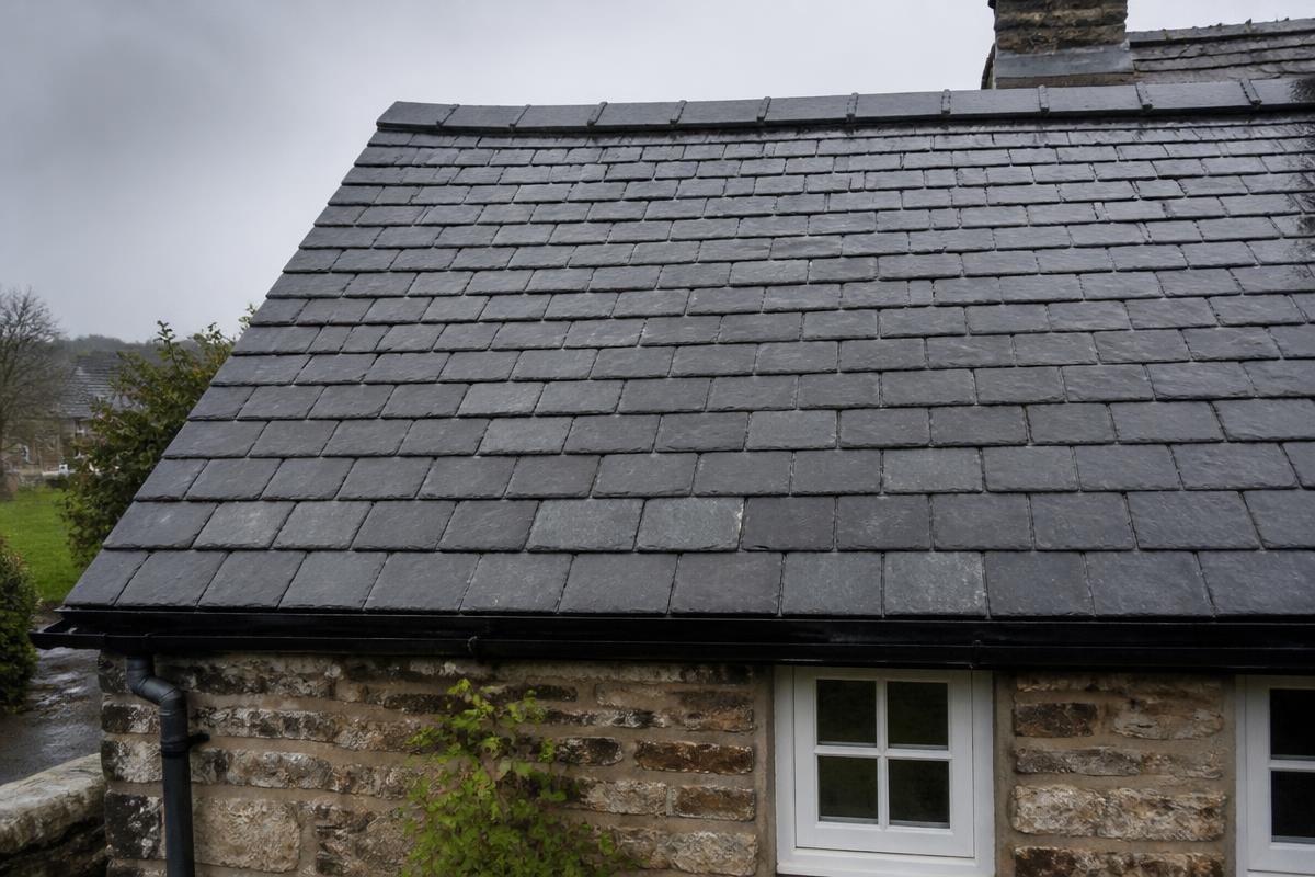 Natural slate pitched roof on a British stone cottage in wet overcast weather, showing even slate courses, lead ridge detail and black eaves guttering.