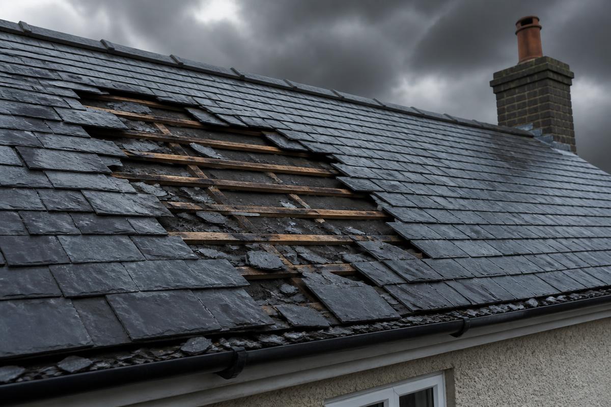 Storm-damaged British slate roof with slipped and missing slates exposing timber battens and torn underlay beneath a dark grey sky.
