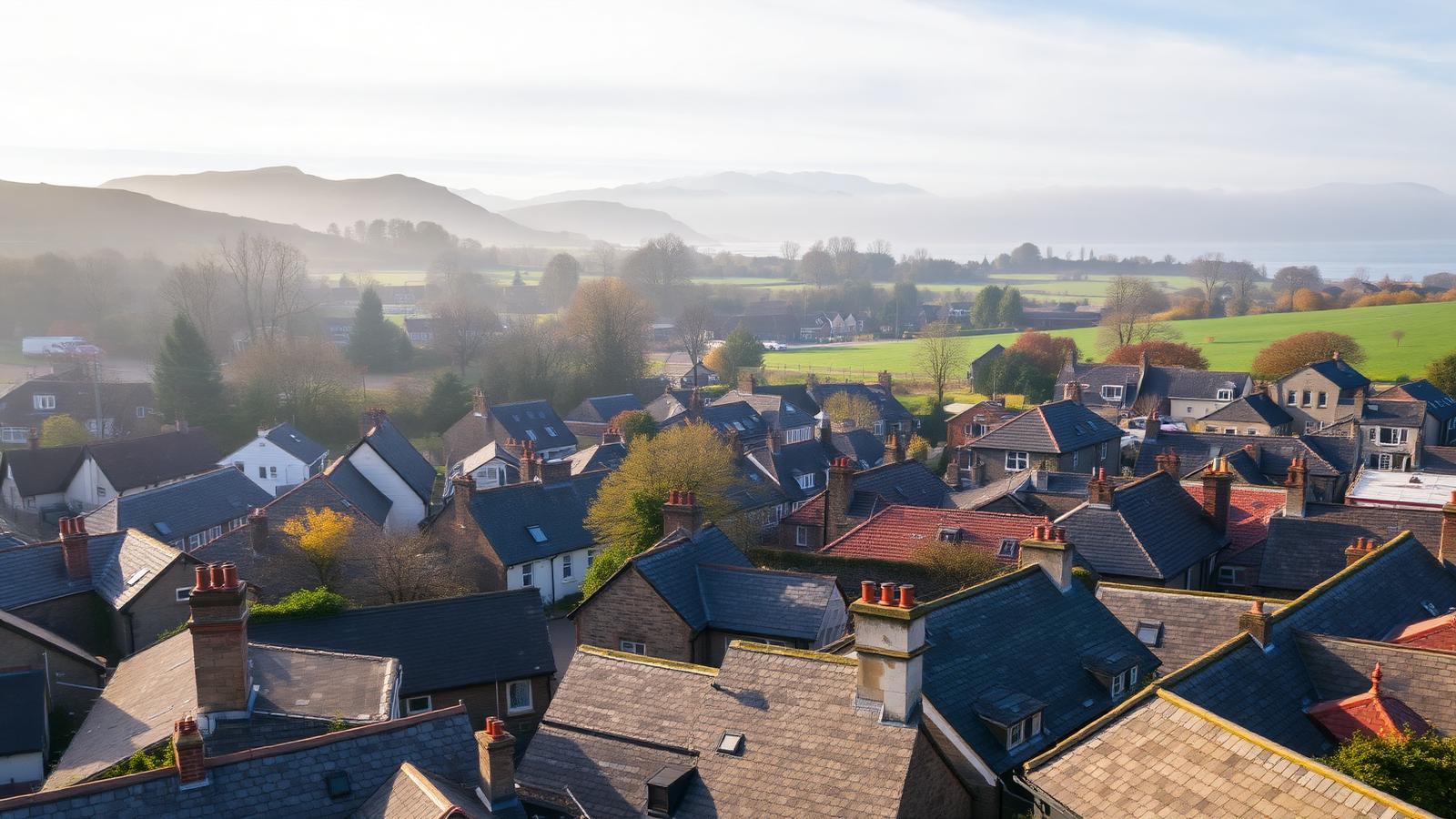 Aerial view of a rural Cumbrian town's slate roofs and stone chimneys with Lake District fells on the misty horizon.