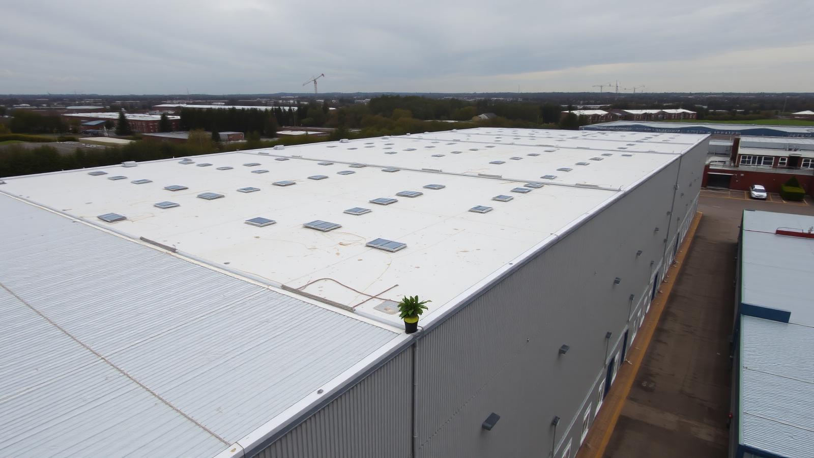 Aerial view of a commercial industrial building with a large single-ply membrane flat roof and roof-mounted skylights.