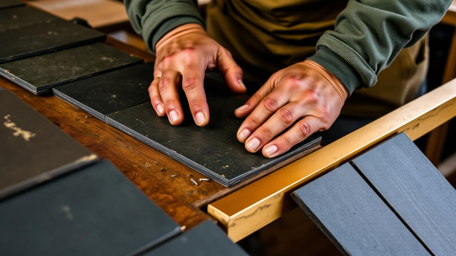 Roofer's hands positioning reclaimed natural slate onto timber battens during a heritage-style re-roof.