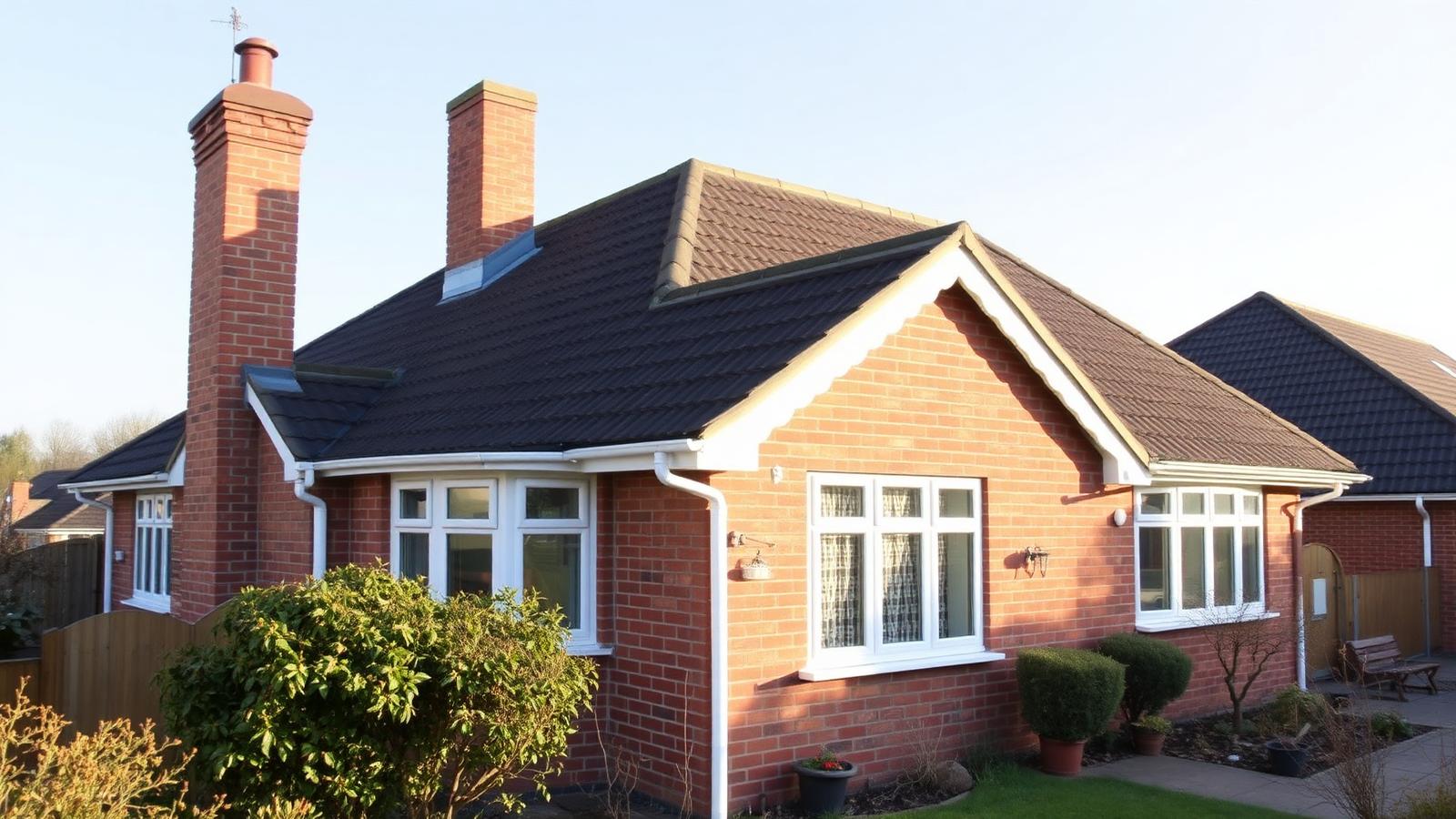 Detached British family home with a tiled pitched roof, brick chimneys and white uPVC fascias, soffits and guttering.