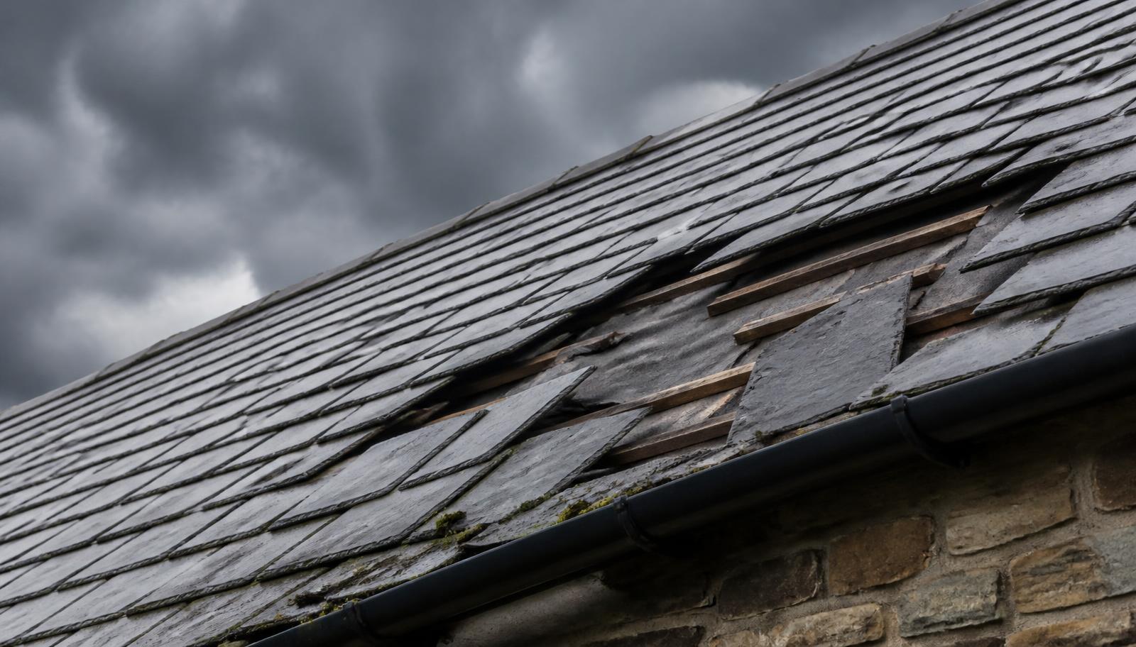 Storm-damaged British slate roof with slipped slates and exposed timber battens under a dark, stormy grey sky.