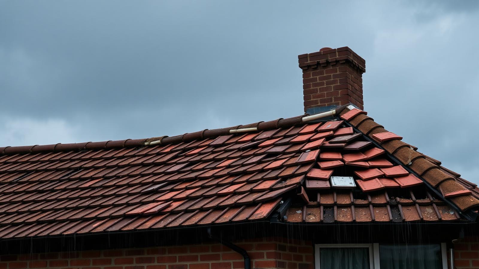 Storm-damaged British pitched roof with dislodged clay tiles and exposed felt under a heavy grey sky.