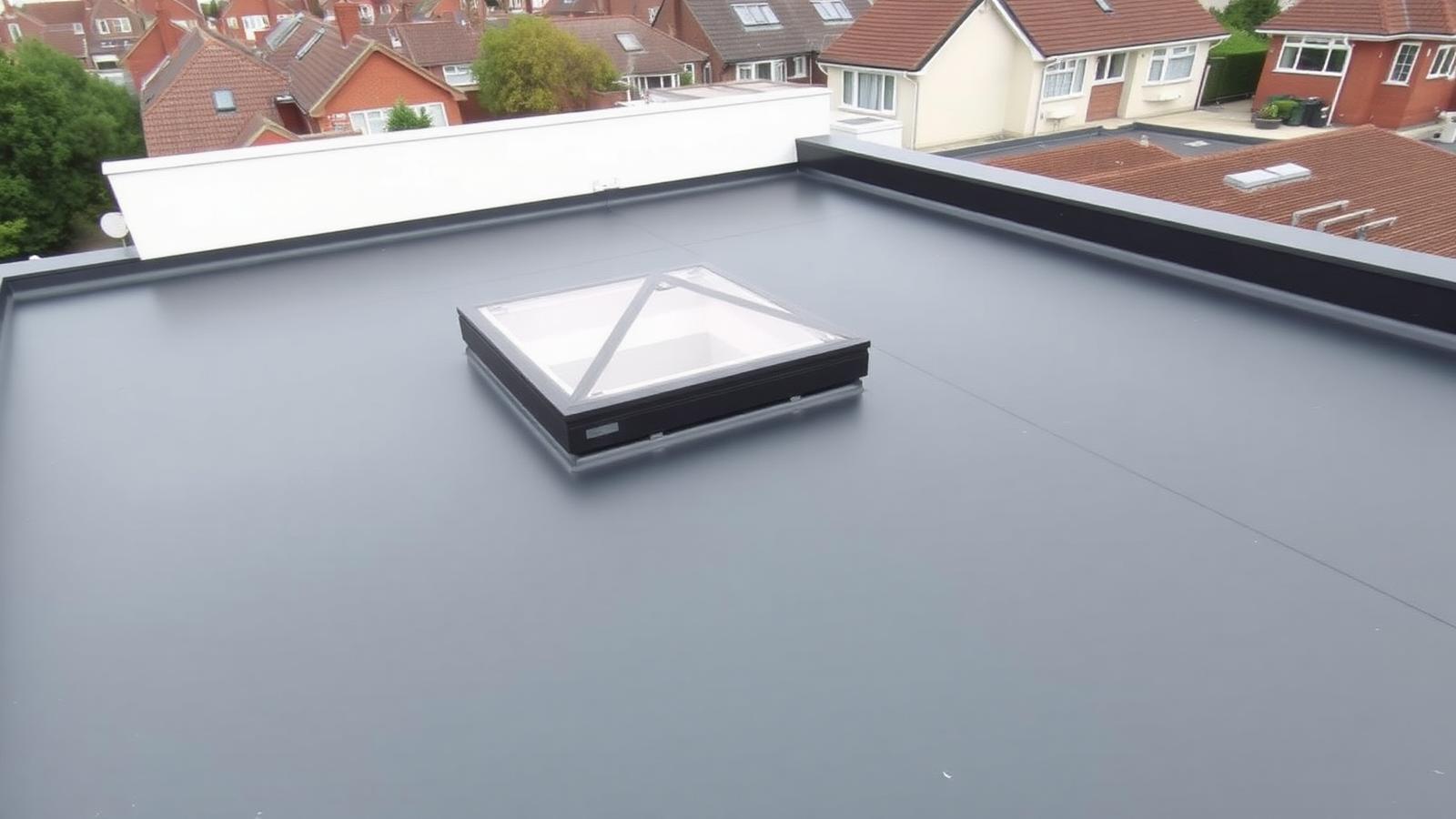 Modern EPDM rubber flat roof with clean welded seams and a domed rooflight above a British suburban roofscape.