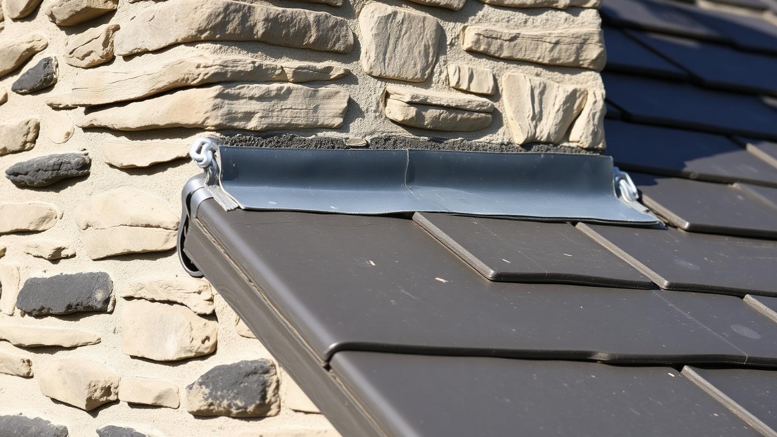 Close-up of a hand-dressed lead flashing meeting a natural slate roof against a traditional Cumbrian stone chimney.