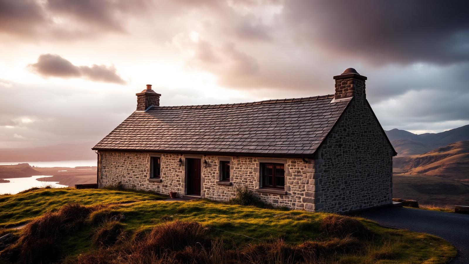 Traditional Cumbrian stone cottage with a weathered slate pitched roof set against the Lake District fells at dusk.