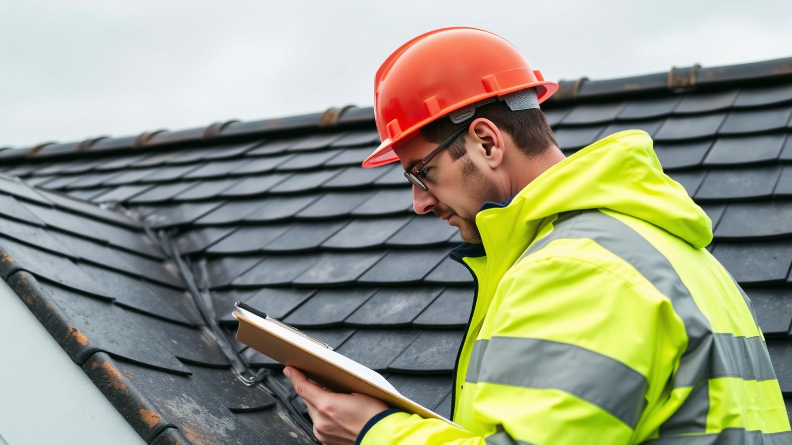 Roofer in a high-visibility jacket and hard hat carrying out a documented roof inspection on a slate pitched roof.