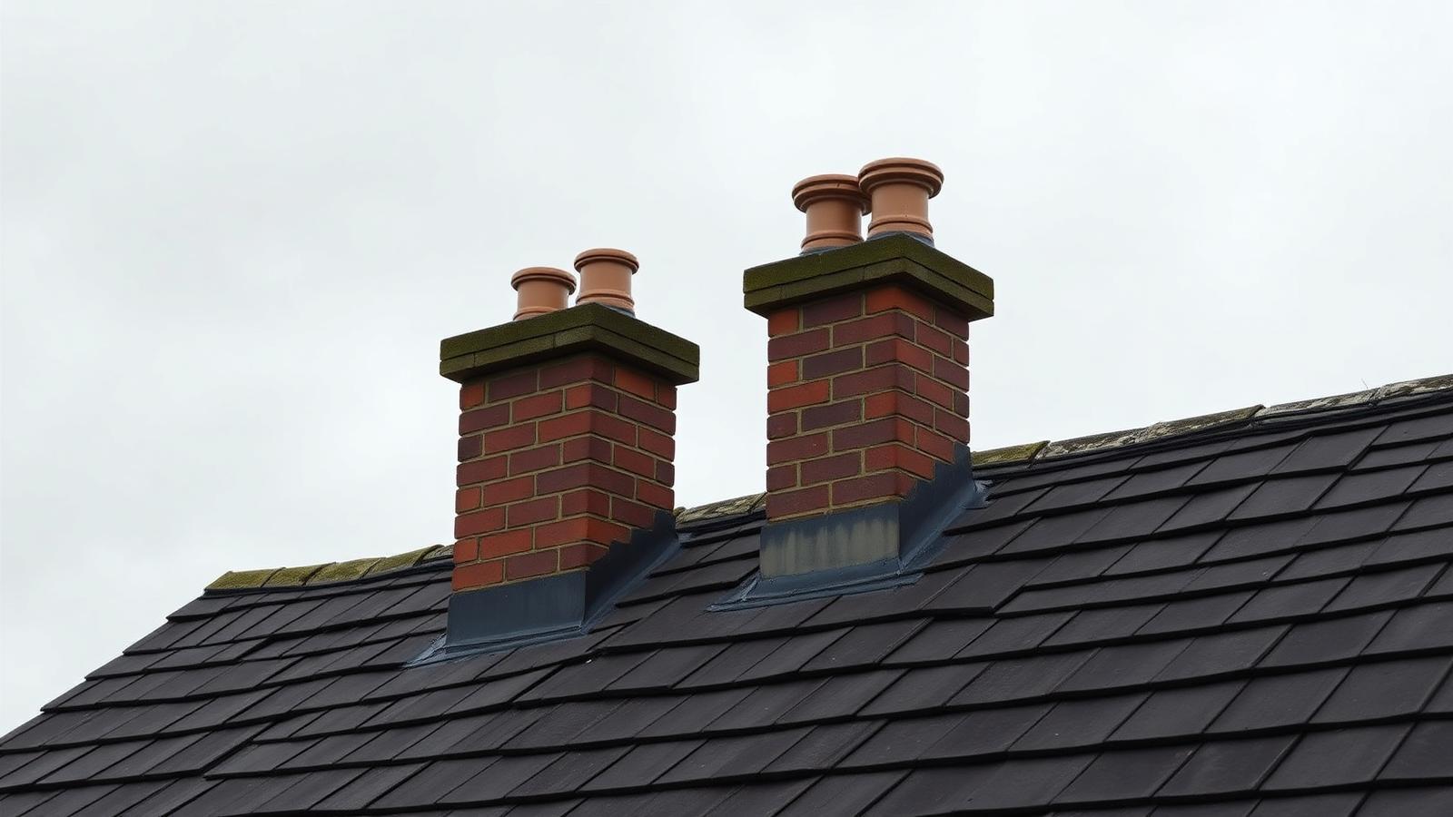 Traditional British brick chimney stack with hand-dressed lead flashings, lead soakers and terracotta chimney pots.
