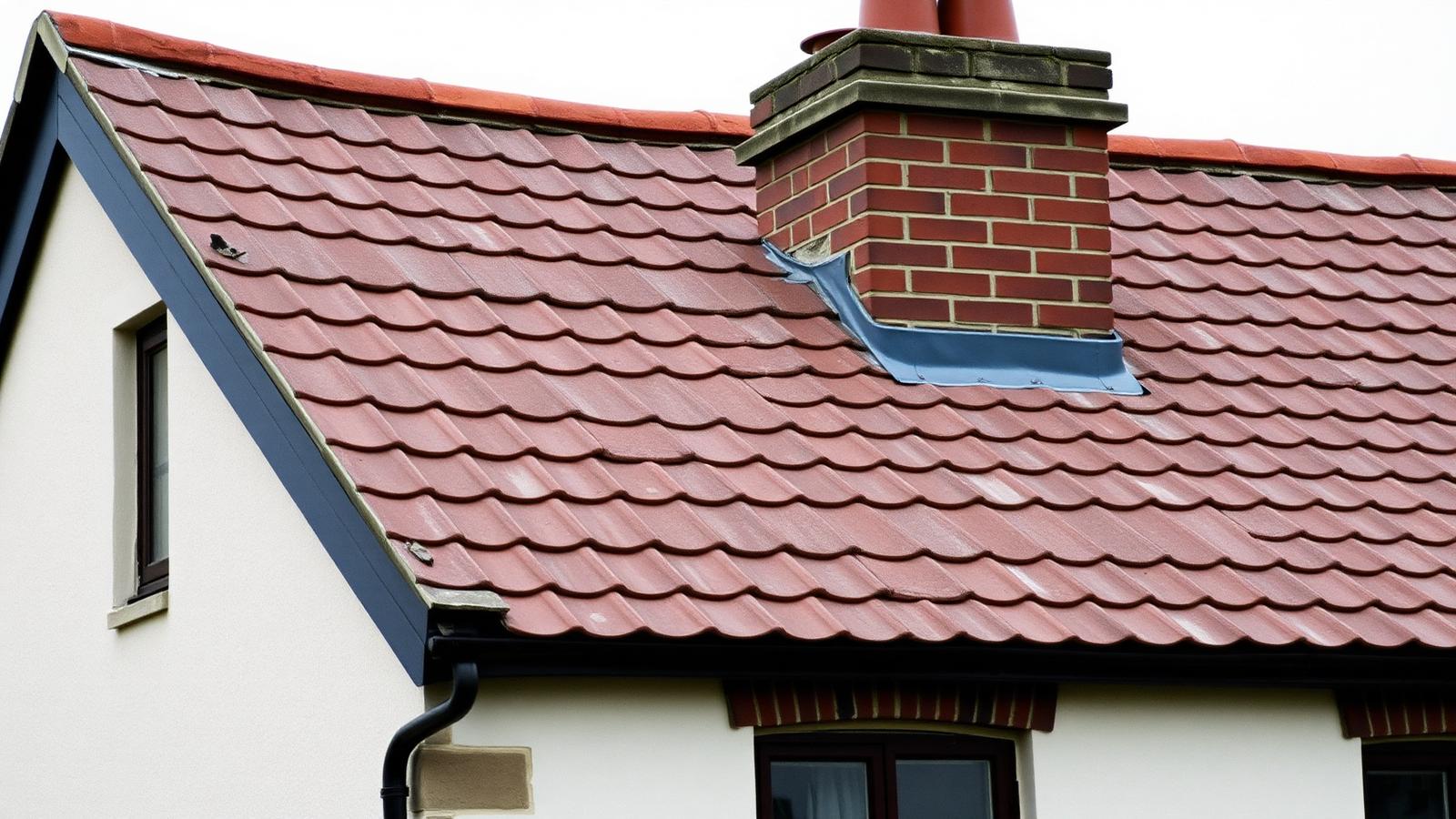 English red clay pantile roof on a period brick property with a tall brick chimney and terracotta pots.