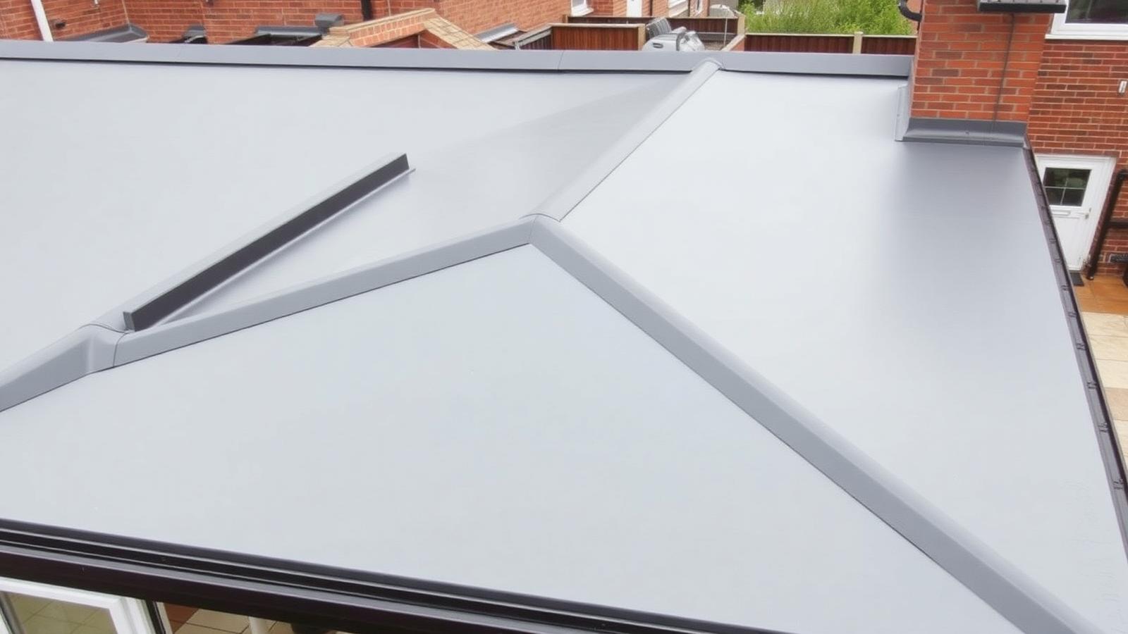 GRP fibreglass flat roof extension in mid-grey with a domed skylight and clean upstand detail against brickwork.