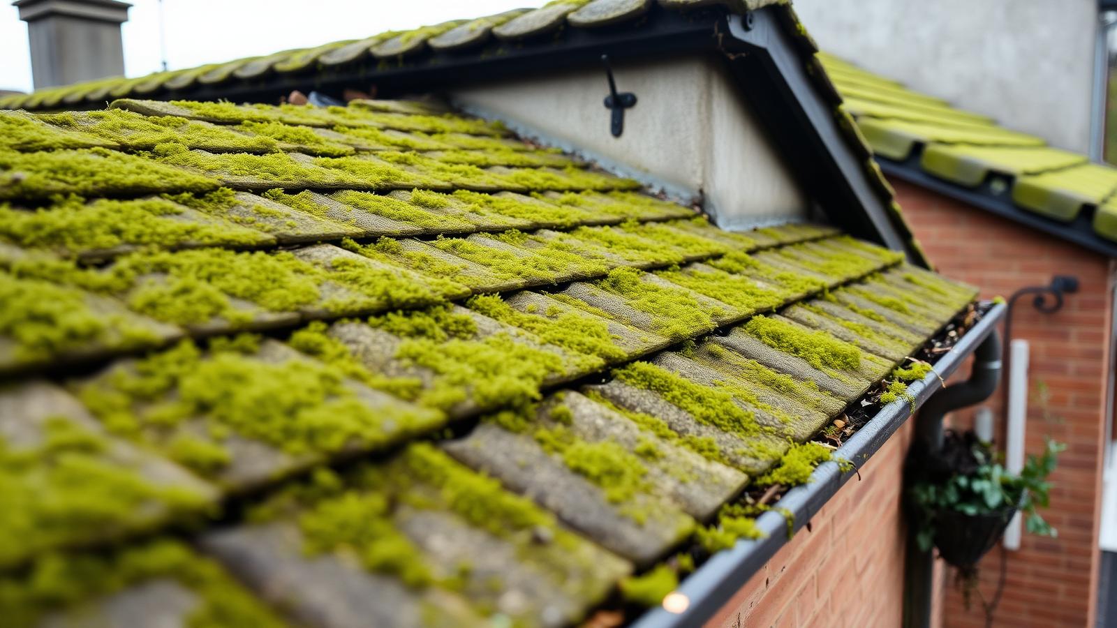 Moss-covered concrete interlocking tiles on a British pitched roof showing the need for cleaning and maintenance.