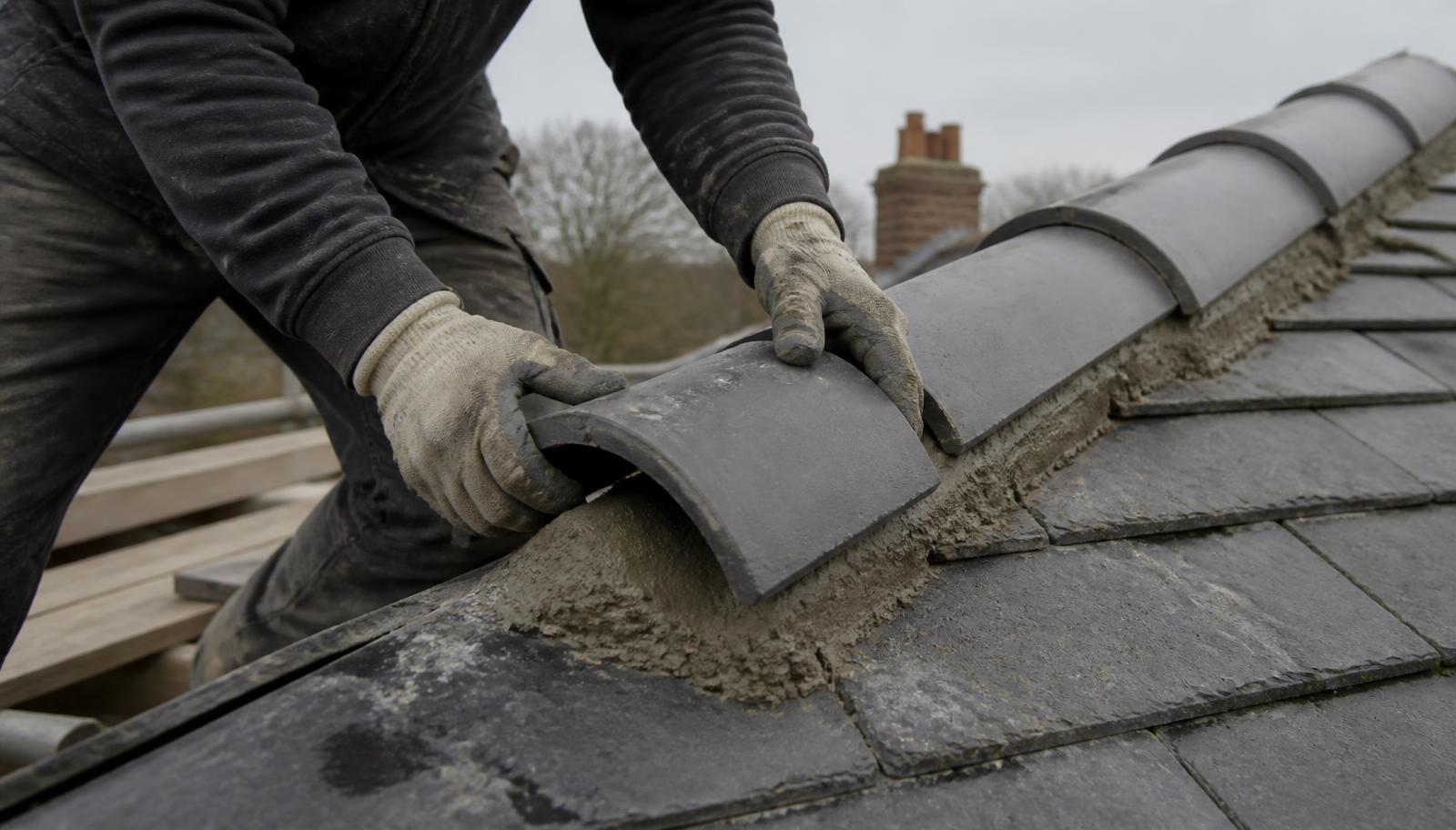 Roofer bedding a half-round ridge tile in mortar along the apex of a natural slate pitched roof in the UK.