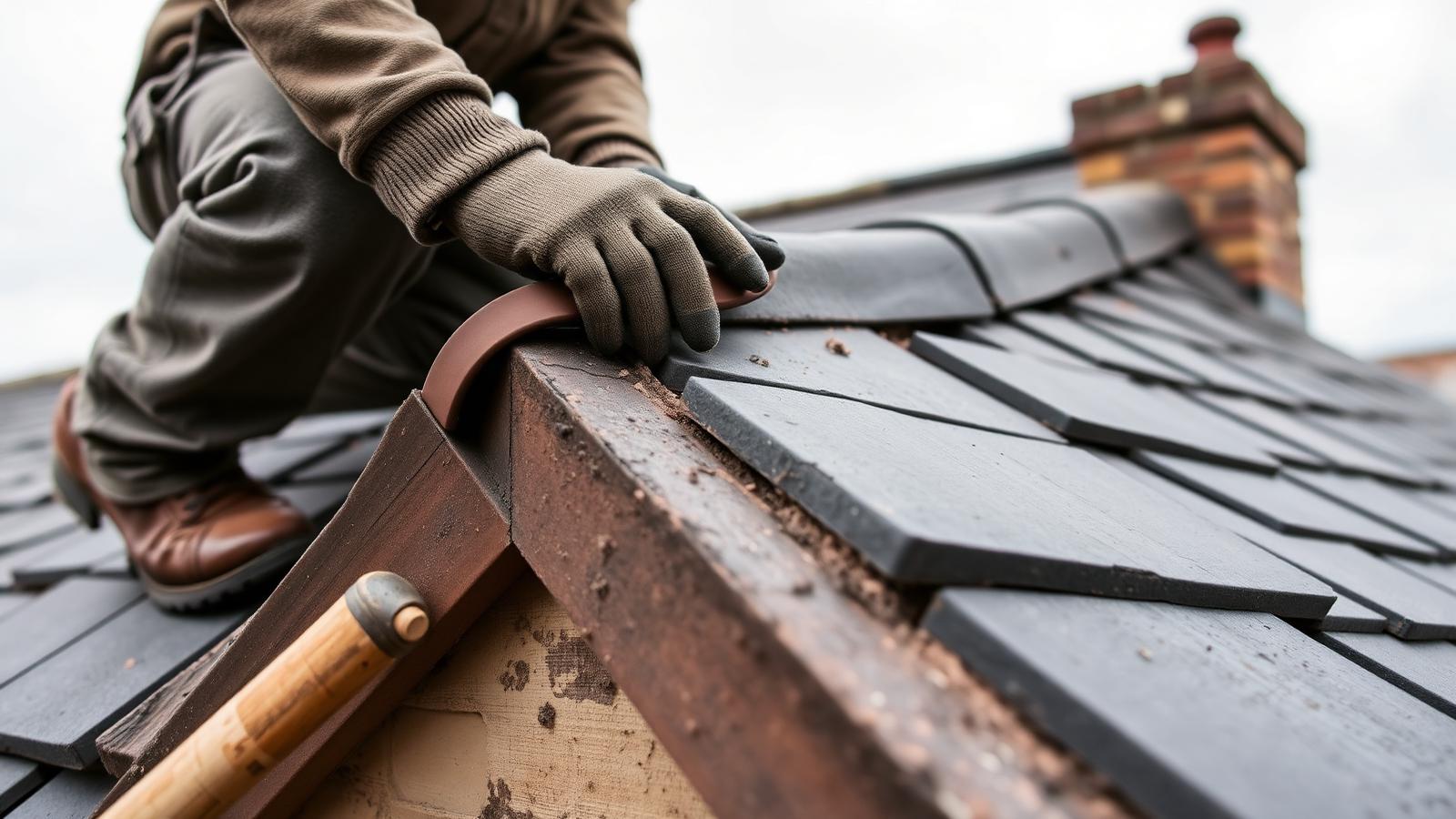 Roofer bedding a clay half-round ridge tile in mortar along the apex of a natural slate pitched roof.