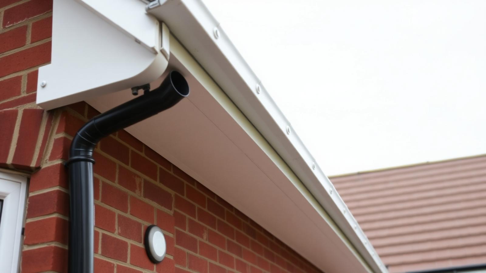 Freshly installed white uPVC fascias, soffits and black seamless guttering along the eaves of a British home.
