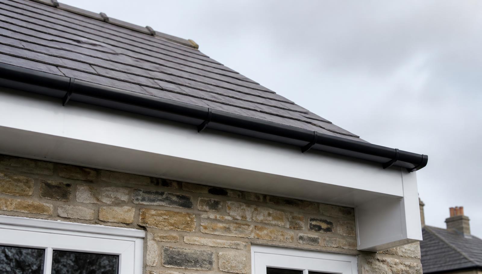 Newly installed white uPVC fascias and soffits with black guttering along the eaves of a British stone-built home.