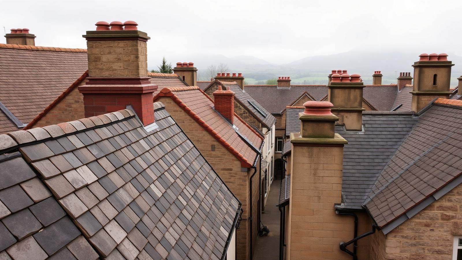 Aerial view of a Cumbrian townscape with mixed slate and clay tile roofs, stone chimneys and rural fells behind.
